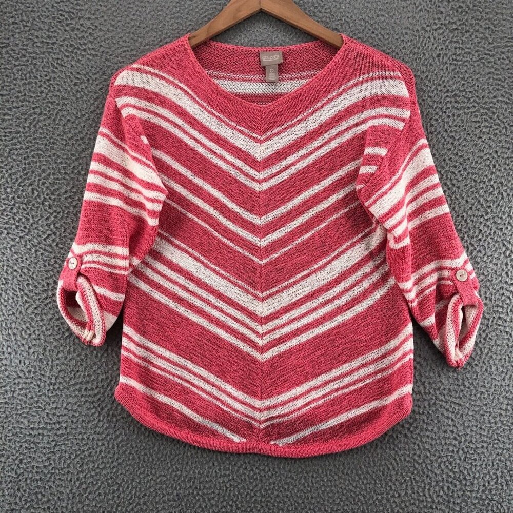 Chico's Pink and White V-Neck Sweater